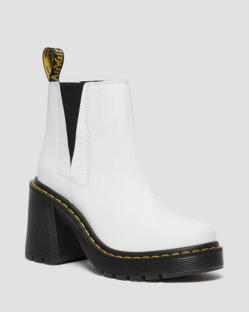 White Women's Dr Martens Spence Leather Flared Heel Heeled Boots | CA 145BEX